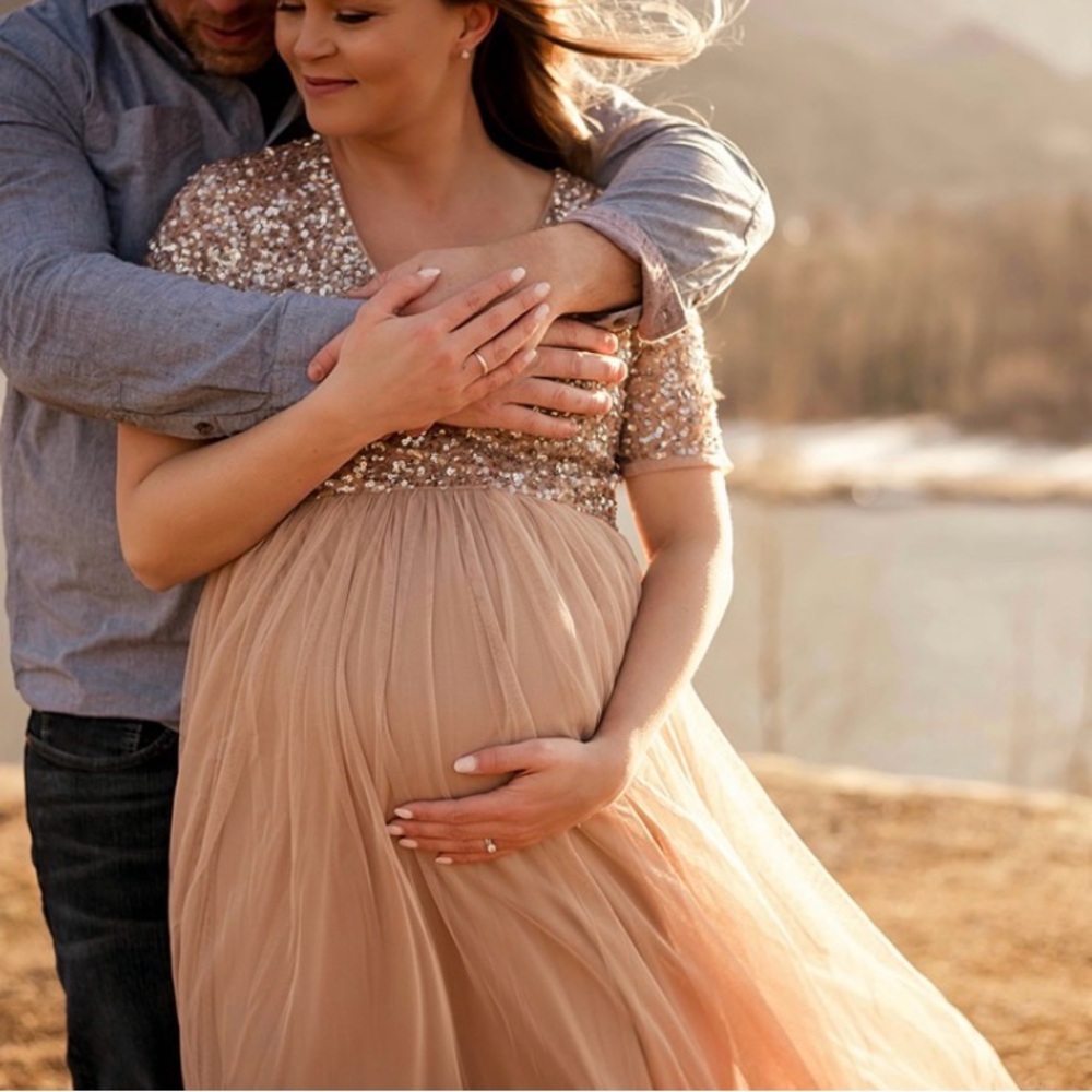 MAYA Maternity champagne sequin tulle maxi dress size 8
